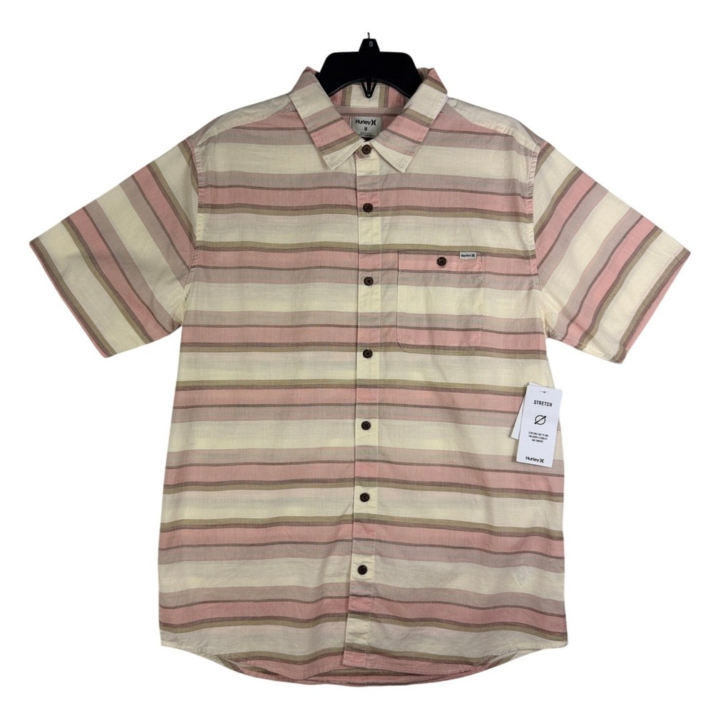 Hurley Mens OAO Lido Stripe SS Bone Pink Tan Stretch Button Up Shirt Medium NEW